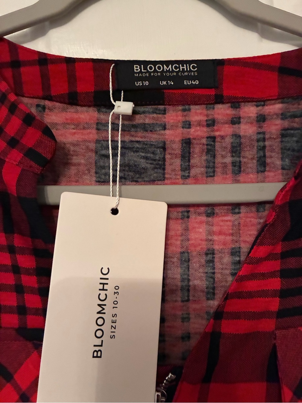 BloomChic Red and Black Plaid Midi Dress with Front Zip - Picture 2 of 6